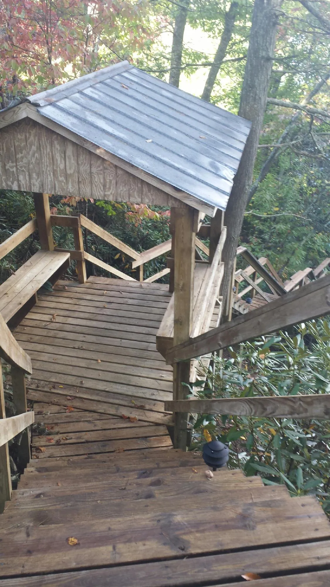 Metal roofed shelter over wooden steps on a wooded walkway — Skylight Repair & Installation work by our crew in Hawk Springs